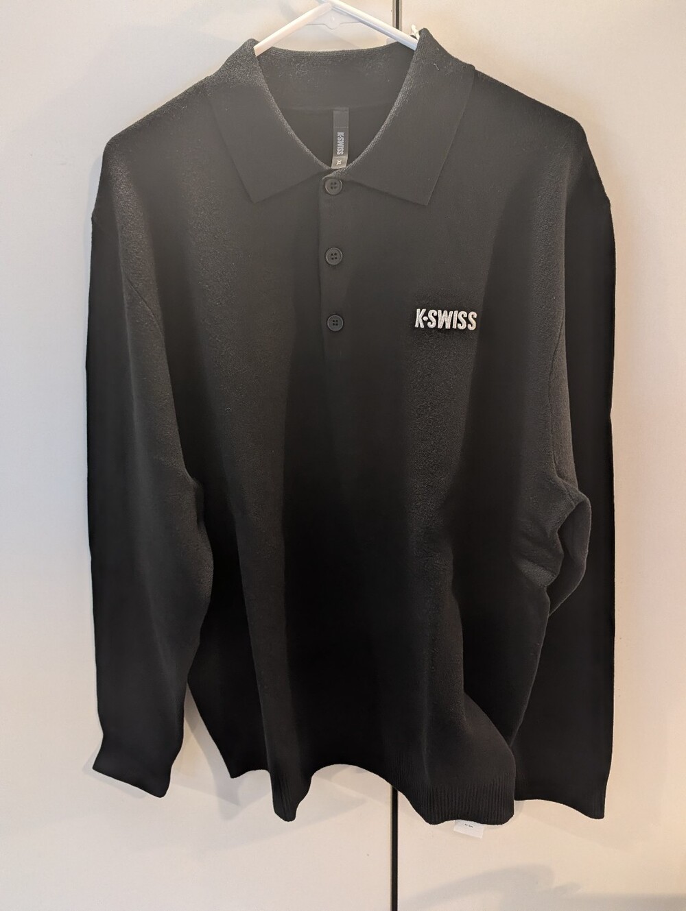 K-Swiss Mens XL Black Long Sleeve SweaterPolo Knit with Logo On Front & Back NWT